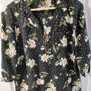 Justify Black Floral V-Neck Blouse with Cream Flowers and Green Leaves